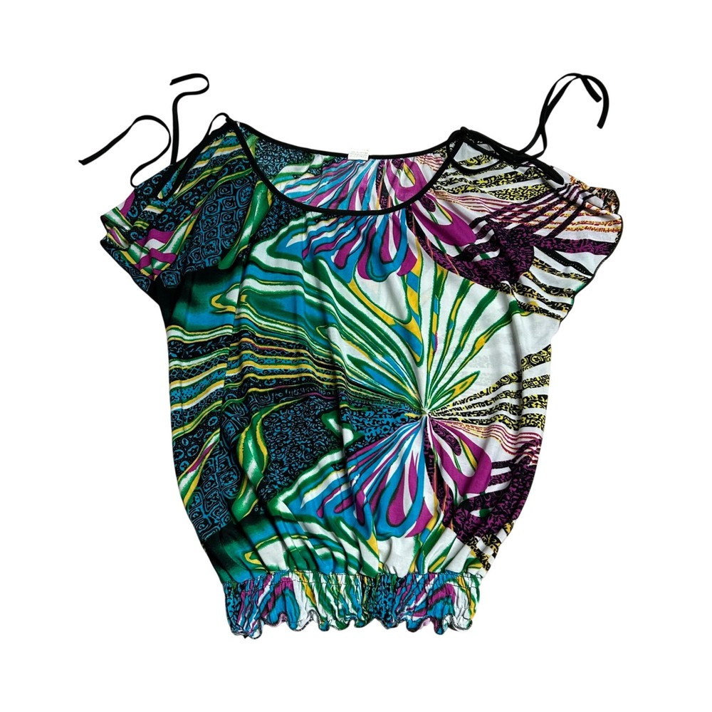 Womens Top XL Cold Shoulder Abstract Smocked Floral Tropical Resort Vacation